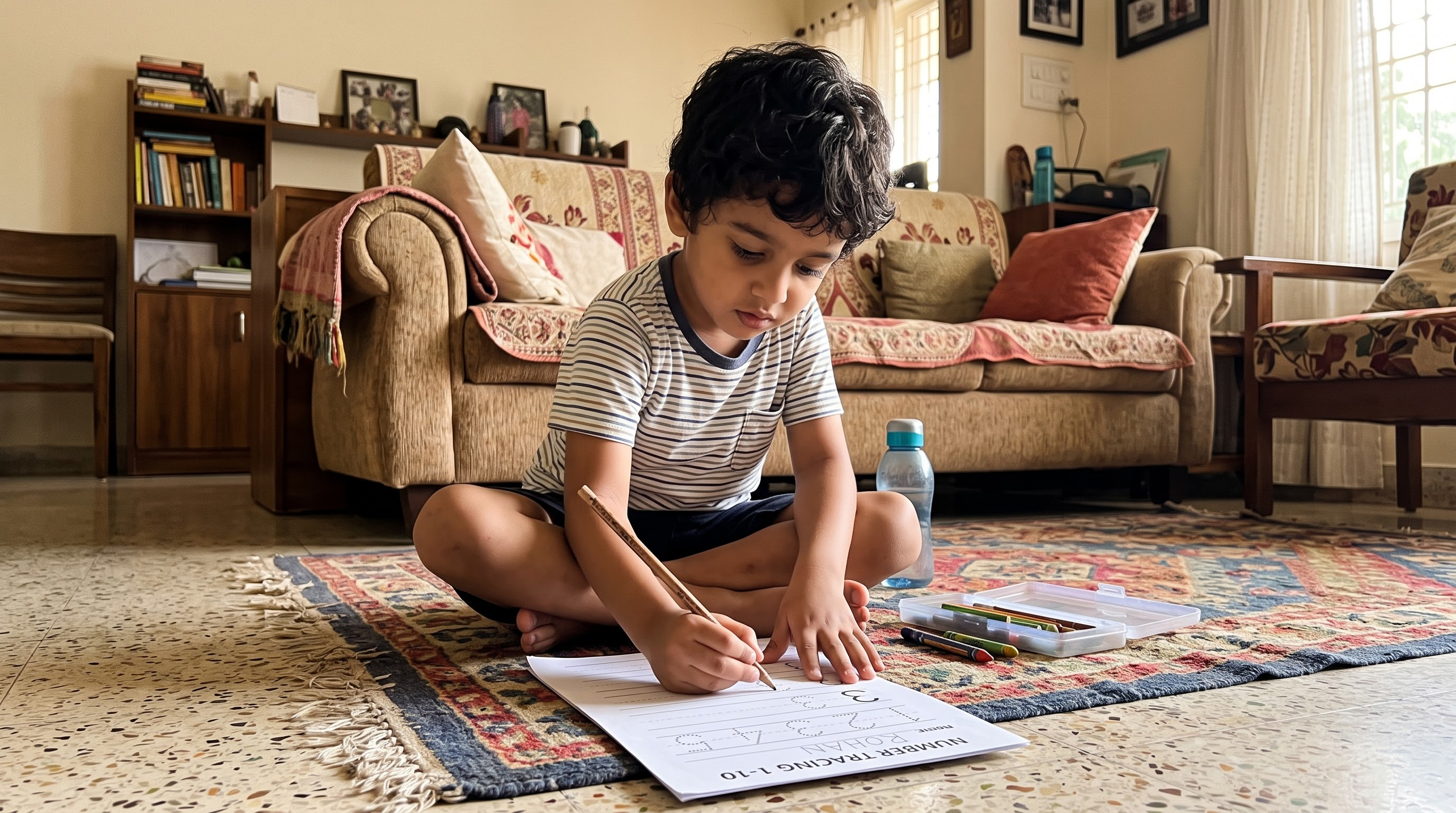 Young Indian boy practising number tracing with a pencil at home